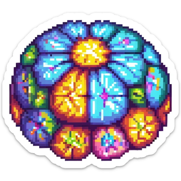 Add a colorful, vibrant core to the brain, making the center of the crystal brain glow with multiple bright colors, in pixel art style, with no background. sticker