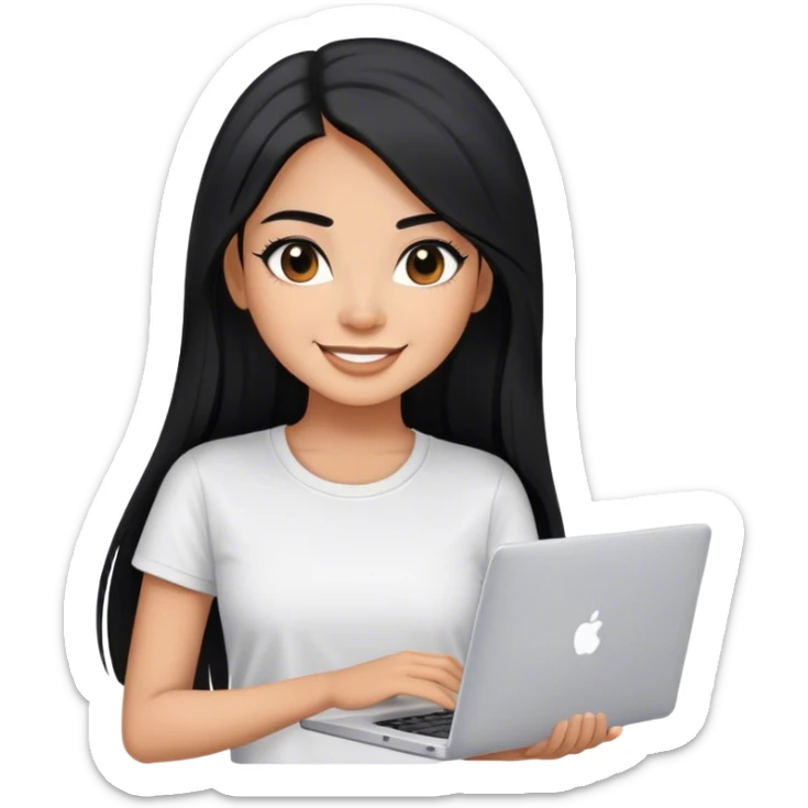 beautiful girl, with long straight black hair, with light make up, black eye liner, smiling, mexican, brown skin, with laptop, with white tee, she stand up sticker