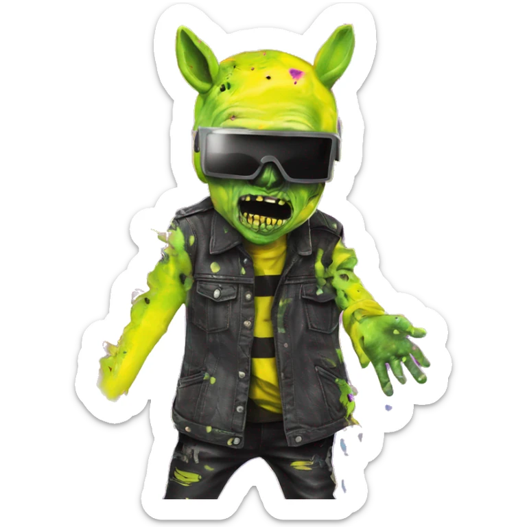 .Zombie_ Vaporwave black holographic oilslick zombie unicorn yellow caution tape holding a vinyl dj graffiti sticker