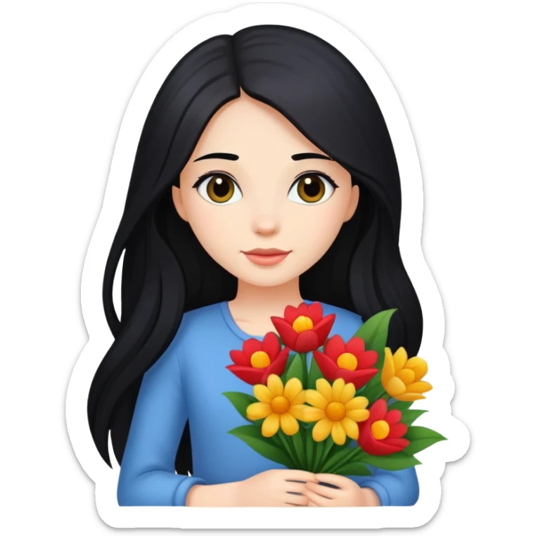 beautiful girl with long black hair holding a bouquet of flowers sticker