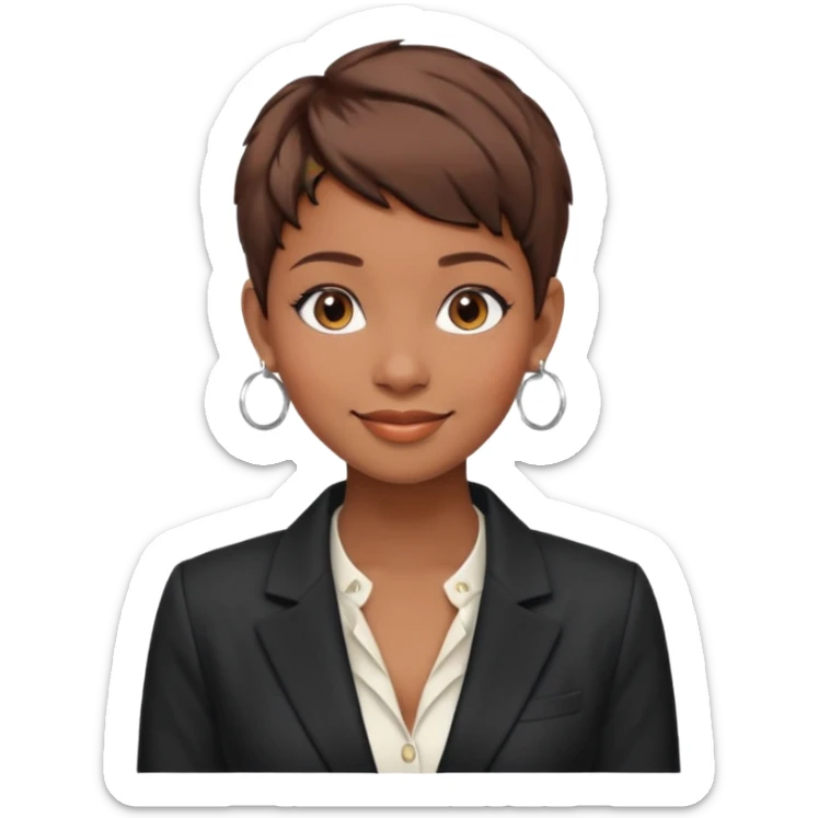 young fashionable woman, pixie cut brown hair, wearing a blazer and hoop earrings, confident look sticker
