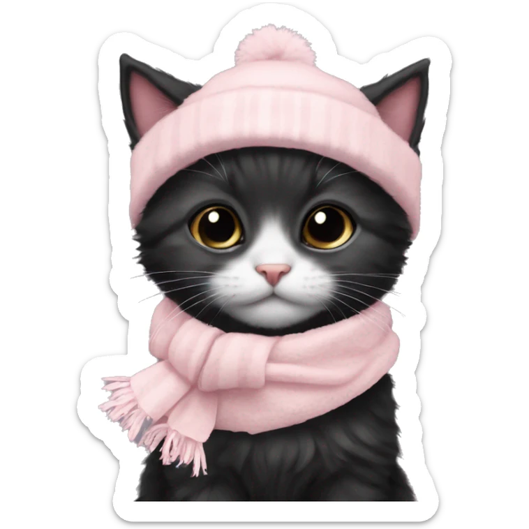 small fluffy black winter kitten with pale pink christmas hat and pale pink scarf ribbon sticker