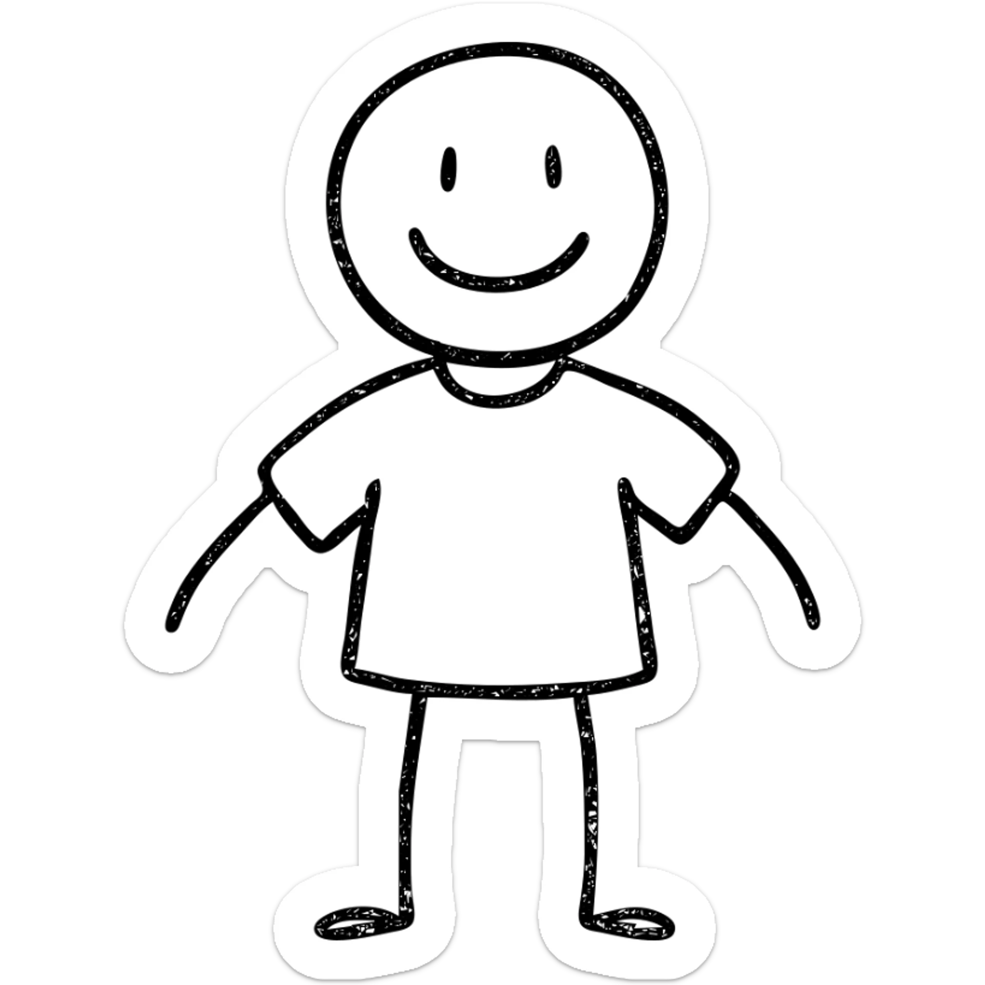 hand-drawn stick man wearing a simple T-shirt, black lines, minimal detail sticker