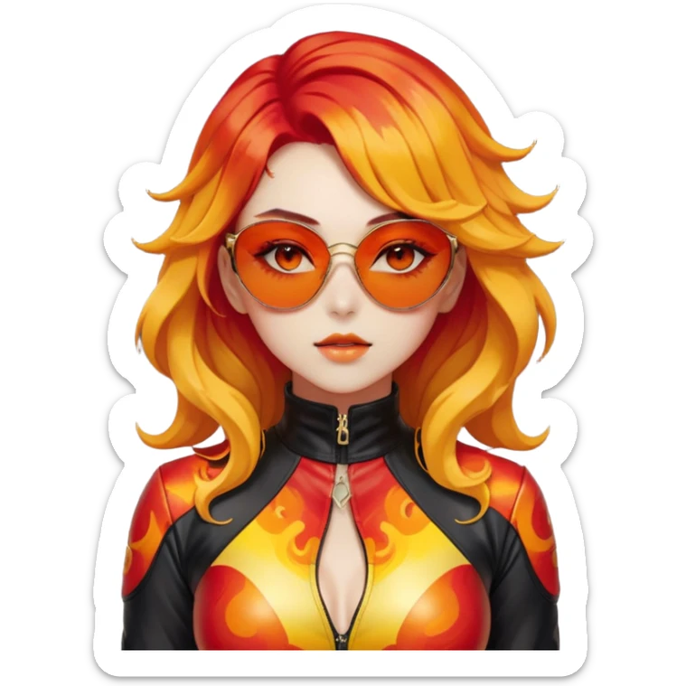 Beautiful gorgeous anime lady with beautiful fiery long warm-red-orange-yellow-gradient-wavy-special-hair, fashion aesthetic, black sunglasses, accessories, gold jewelries, red-and-yellow sunny-pattern-eyes, black latex-suit, biker-woman, cool, badass sticker