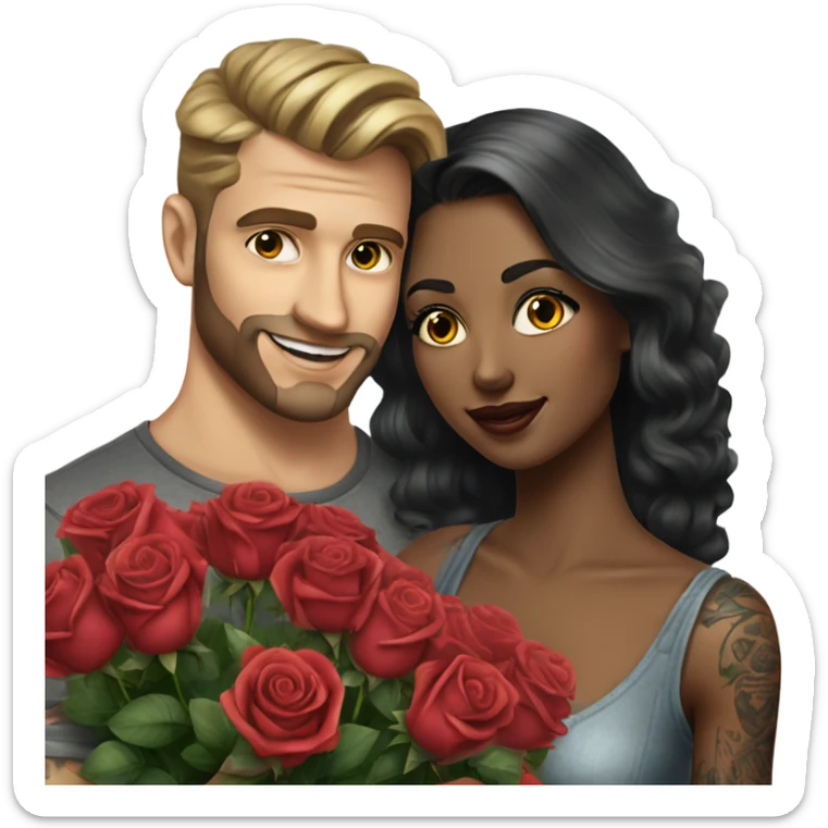 Hyper Realistic beautiful woman receiving a gift and a bouquet of roses from a handsome tattooed man  sticker