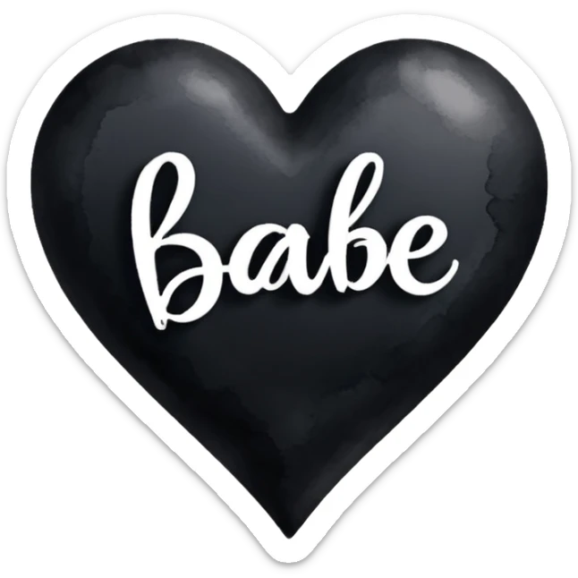 the word 'Babe' in white handwriting across a black heart, watercolor art style, high contrast sticker