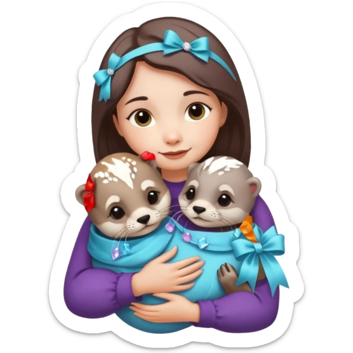 woman hugging baby otters with ribbons and crystals sticker