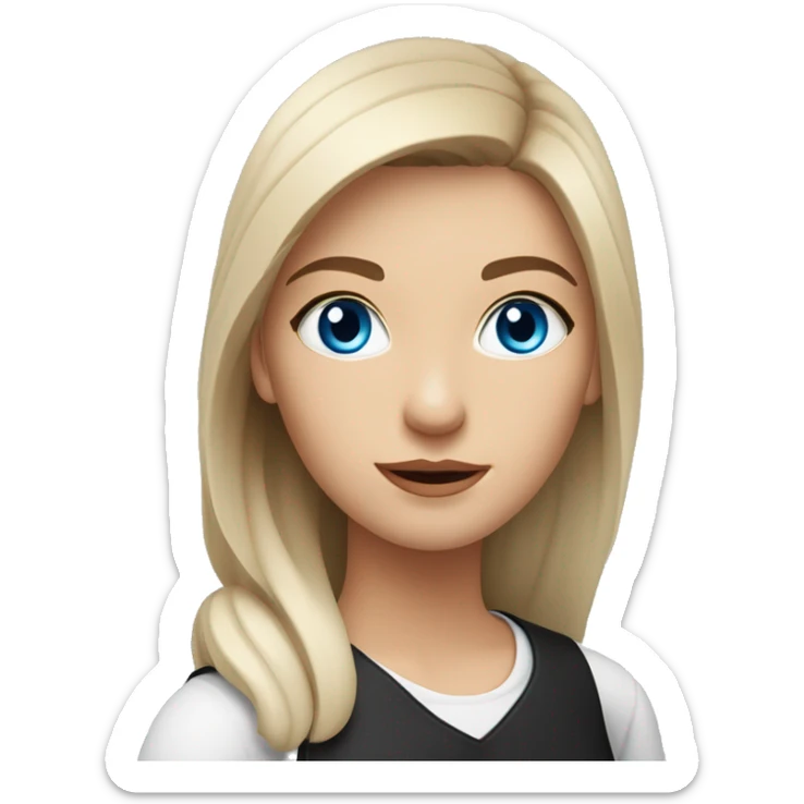 Slavic woman with blue eyes, eyes look up, fair skin, straight gradient medium length hair, eyes makeup, dressed in white T-shirt and office black jacket, one side of hair is tucked behind the ear. sticker
