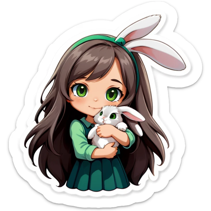 A grey, floppy eared bunny being held by a girl with long brown hair and green eyes. sticker