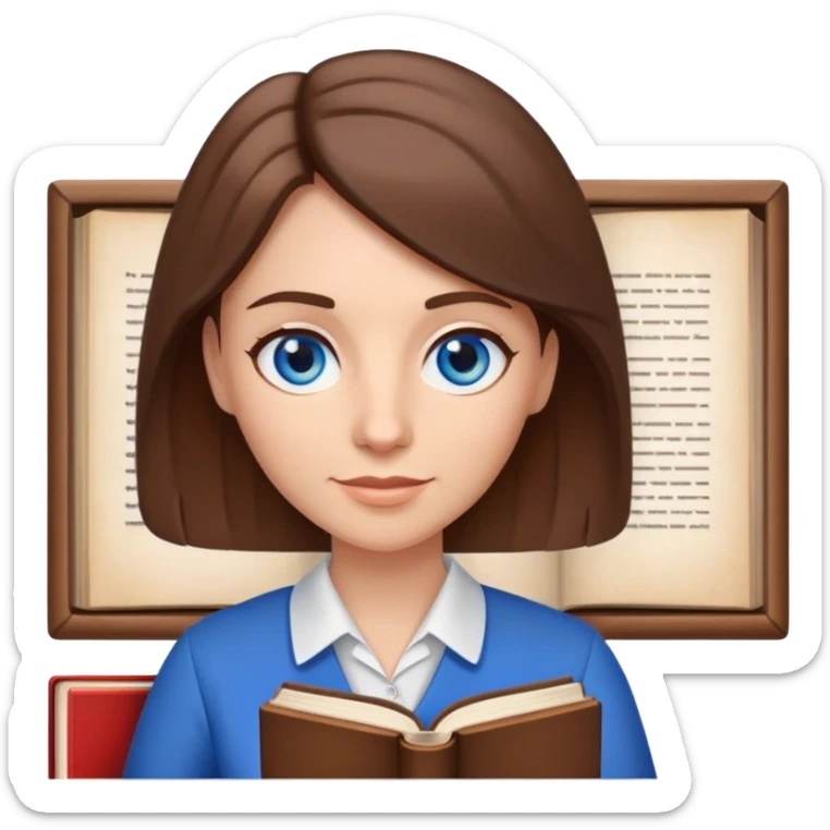 A teacher with blue eyes and brown hair, in a clip with a book in her hand sticker