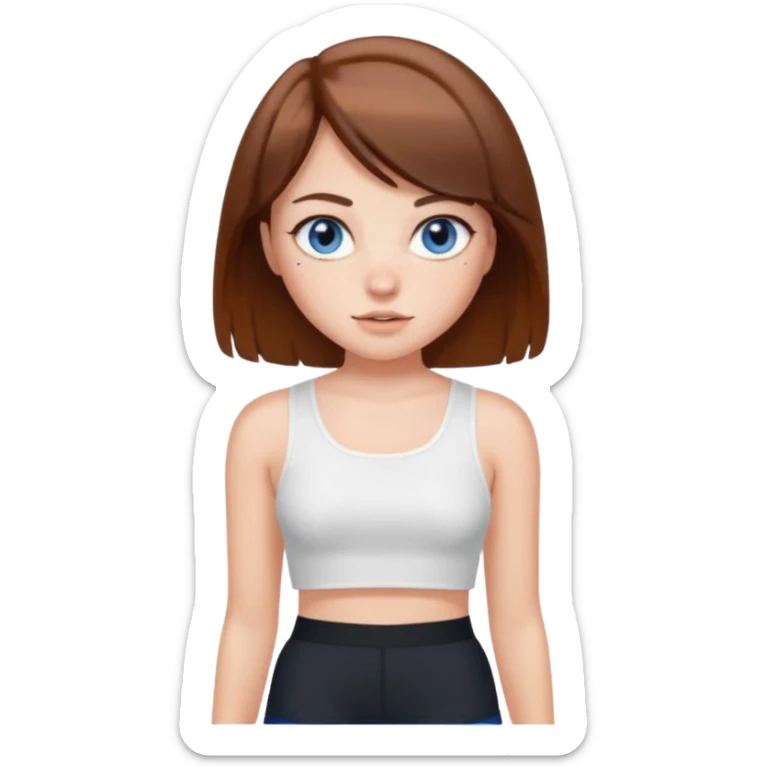 Brown haired girl with bob and blue eyes and freckles and white crop top and black shorts sticker