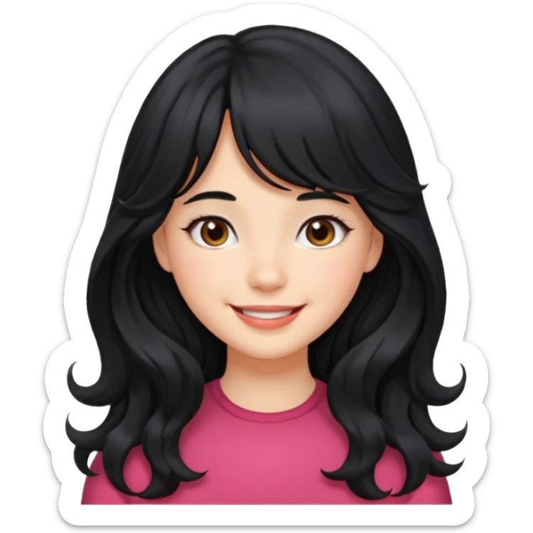 Please generate a portrait of a pretty girl with long, wavy, black hair. She's smiling. She also wears a middle parting and bangs. sticker