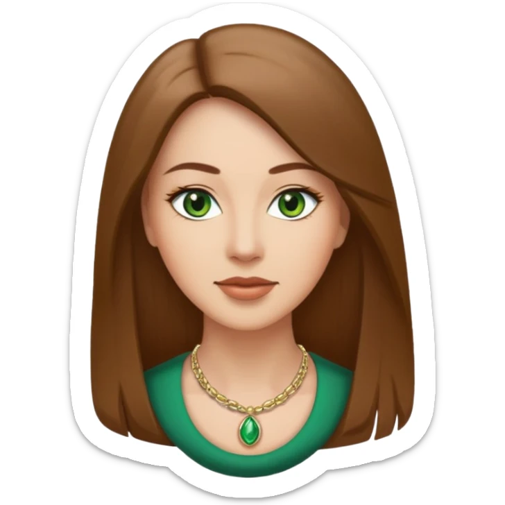 Adult woman avatar, light skin tone, oval face, straight long brown hair, green eyes, neutral mouth, elegant  sticker
