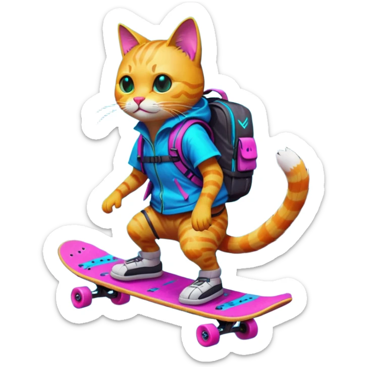 A neon-lit cyberpunk cat riding a floating skateboard, wearing a bold bright neon backpack through a rain-cinematic lighting, 8K sticker