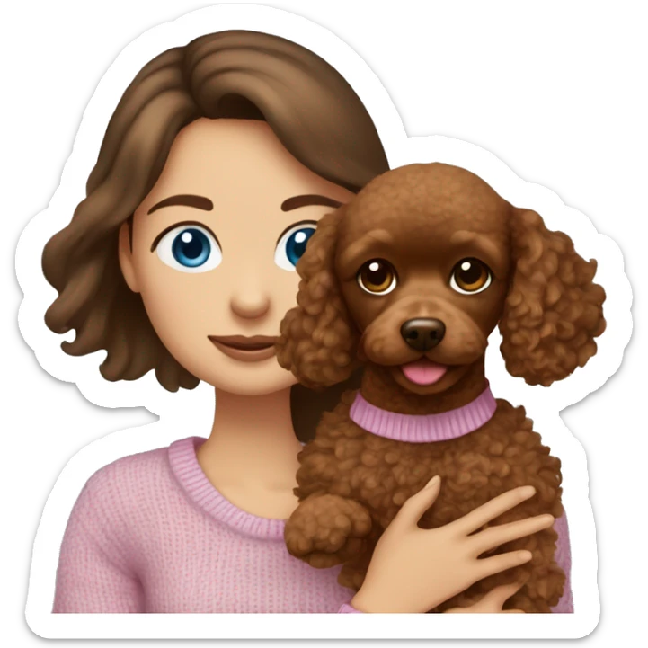 Pretty blue eyed tan girl with brown hair in a pink sweater holding a brown sweet toy poodle sticker