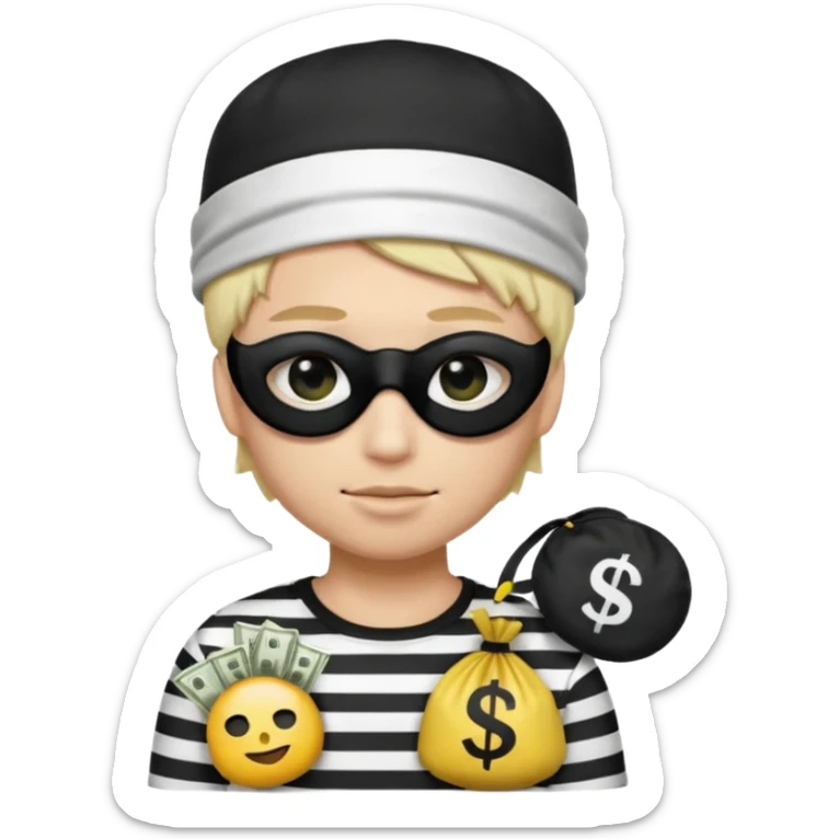 Realistic ios emoji-style portrait of a classic burglar, a black eye mask and a black-and-white striped shirt. emoji-like hair, black hat, a bag of money 💰 with a dollar sign in a right corner, mean expression  sticker