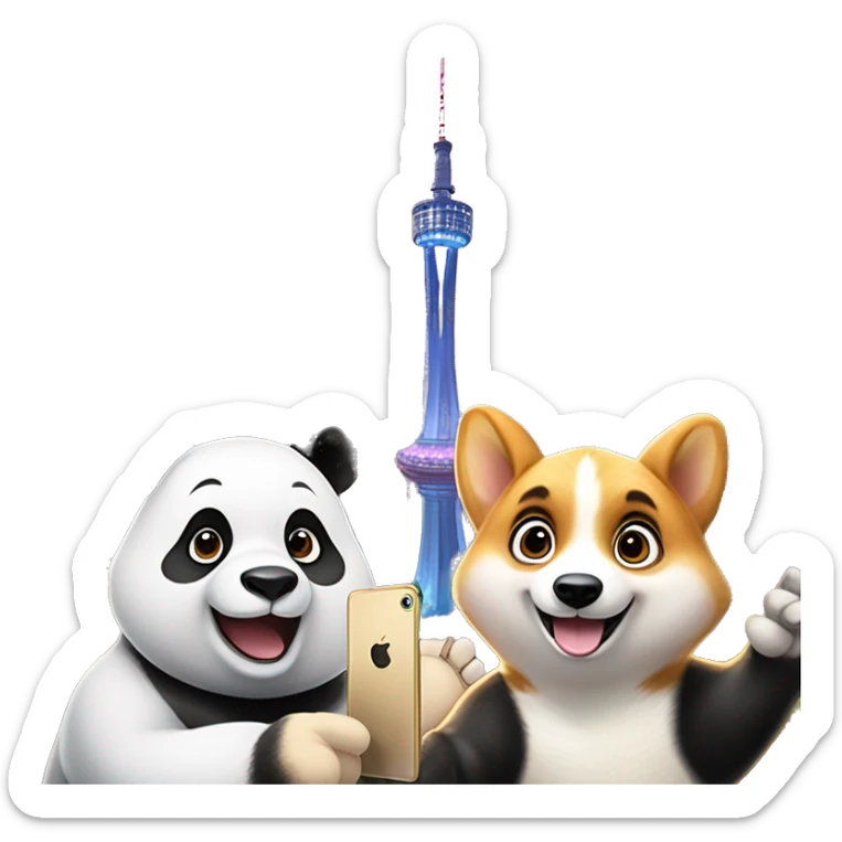 A panda and a corgi are taking a selfie with their iPhones, the faces of the panda and the corgi are facing the camera, and in the background is the 339th TV tower in Chengdu. sticker