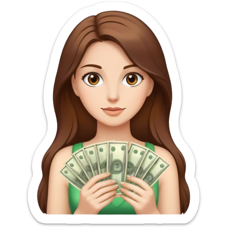 realistic portrait of brown hair woman with money sticker
