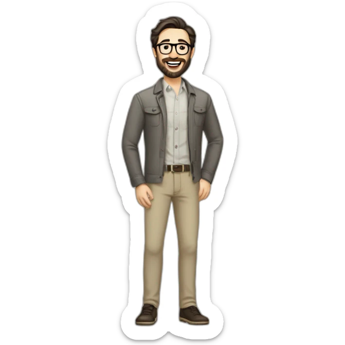 Joyful Full height Pale skinned Fit Man With dark brown hair in gray jacket, beige office shirt, Brown pants and vintage glasses. His thrumbs up. Beard. Black hair sticker