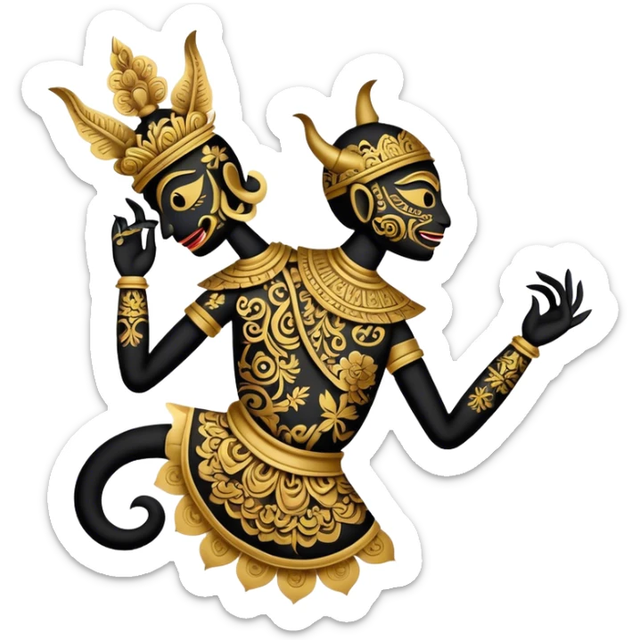 Cinematic Realistic Wayang Kulit Emoji, depicted as an intricate shadow puppet with detailed cut-out figures and traditional patterns, rendered with crisp textures and dynamic cultural lighting that captures its ancient artistry. sticker