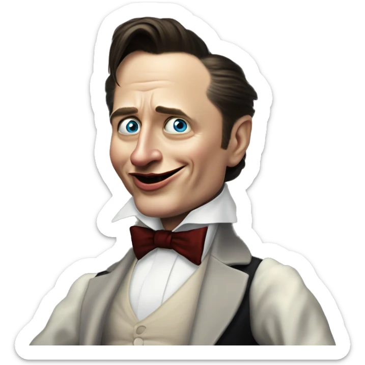 Ranting Elon Musk vampire in Uncle Scrooge style, oil paint, mysterious eyes, intricate lips, masterpiece pose, odd perspective, beautiful, desirable, logical sticker