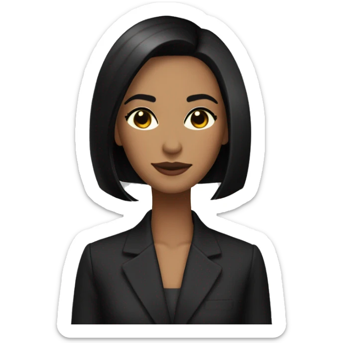 straight, dark shoulder-length hair styled in a sleek bob, brown eyes with prominent eyelashes,. Her attire includes a dark blazer over a black top sticker