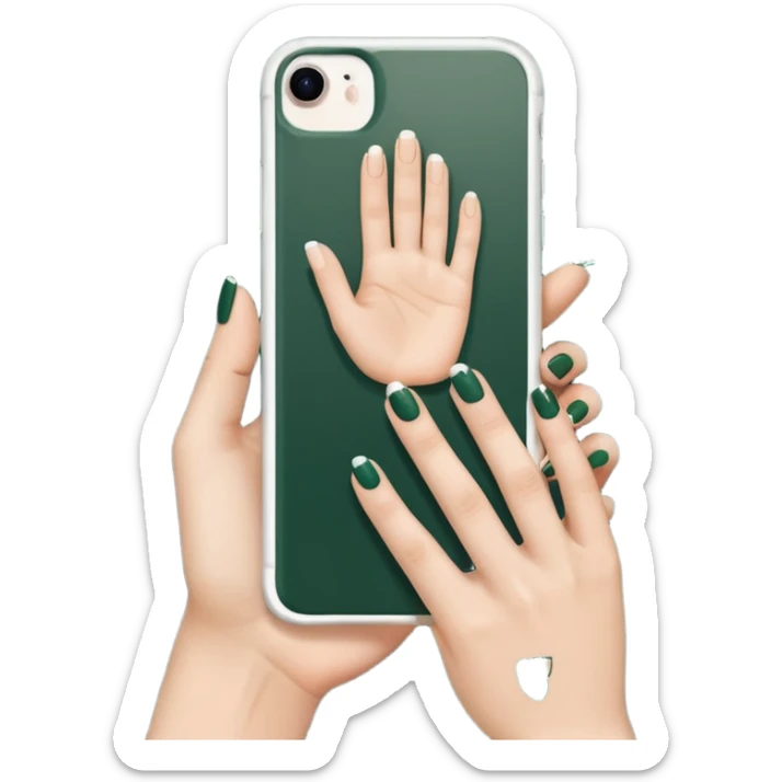 female hand with nude manicure (5 fingers) holding white iPhone in dark green case, minimalism, bottom view, emoji style sticker