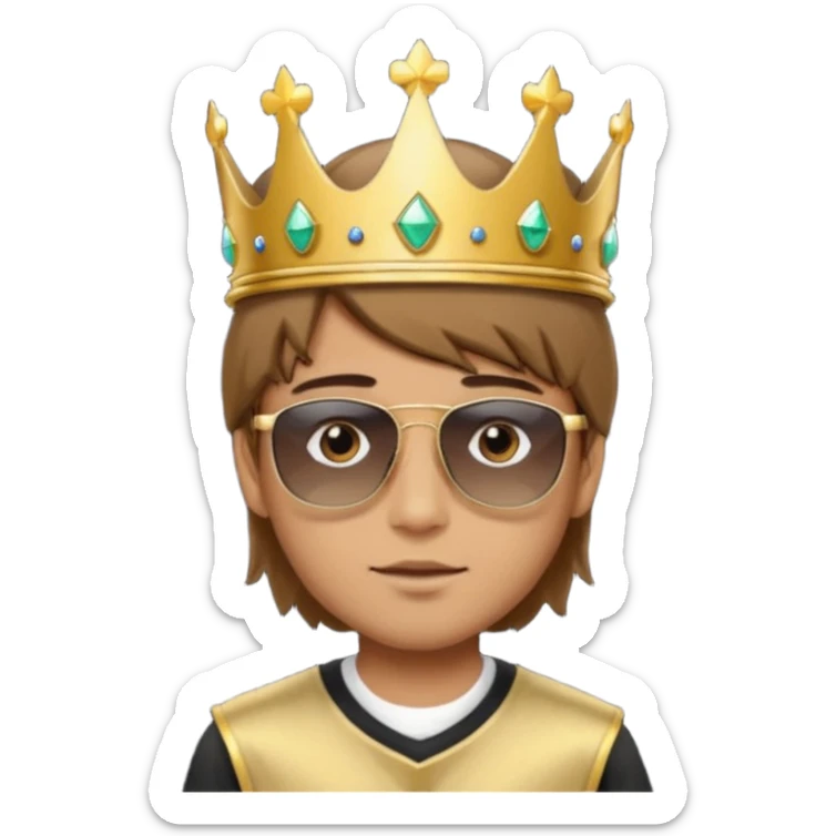 Un niño con cabello lacio no muy largo color marrón castaño,ojos marrones,piel no muy blanca, que tenga lentes de sol color negro,reloj en la mano derecha y una corona como sombrero sticker
