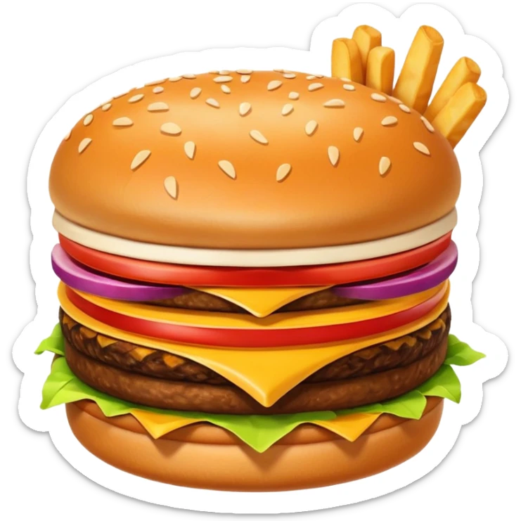 A clean and simple icon of fast food in emoji-style illustration. A burger with fries, naggets and shaverma, bright and bold colors, simple shapes, flat design, high contrast, inviting and appetizing. sticker