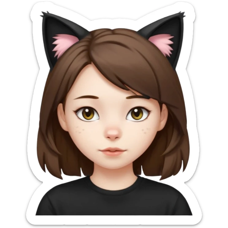 a girl with pale skin, medium length brown hair with lots of dandruff , cat ears and a tail, with a black t-shirt on sticker