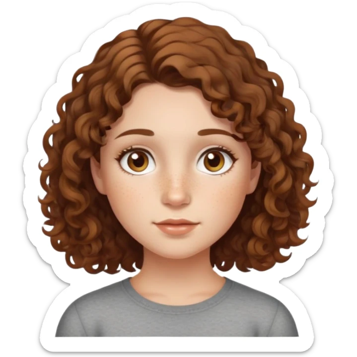 Curly chin length brown hair, freckles on face, hazel eyes, small nose, middle part, round face, girl  sticker