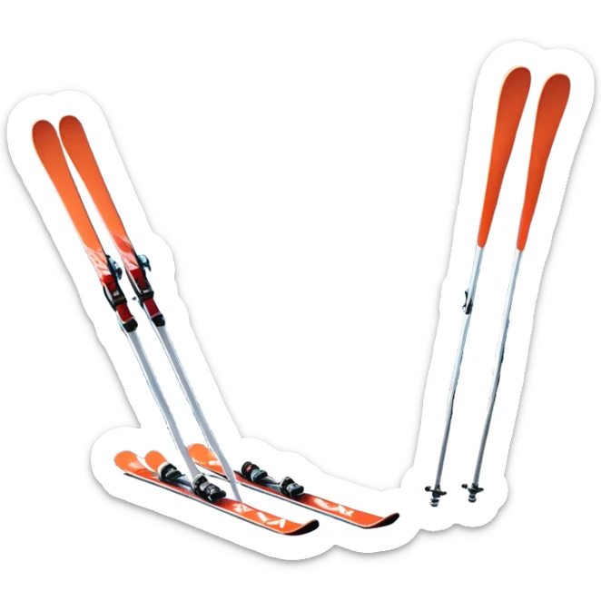 An icon featuring a pair of skis and ski poles in the foreground, set against a picturesque snow-covered slope. The background includes snowy peaks and evergreen trees, symbolizing the excitement and beauty of winter sports. Transparent background highlights the thrill of skiing and snowboarding. sticker