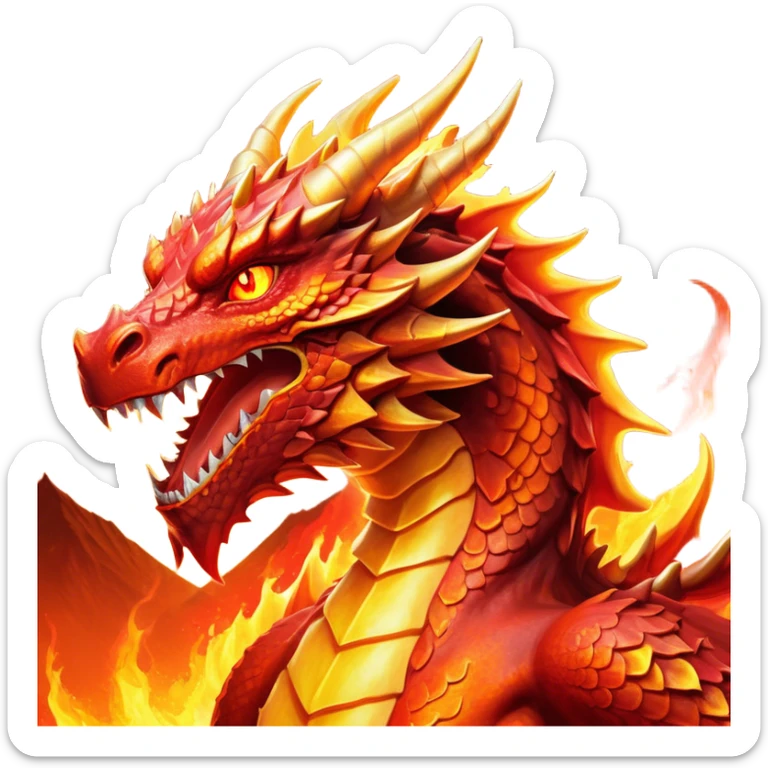 Cinematic Noble Fierce Fire Dragon Portrait Emoji, Poised and imposing, with a muscular, scaled body ablaze in fiery hues of crimson, molten orange, and molten gold, and intense, burning eyes that mirror the heart of a volcano; rendered with lifelike texture and dynamic natural highlights, high shine, formidable and intense, styled with an aura of scorching mythic power, focused and resolute, soft glowing outline, capturing the essence of a legendary inferno poised to ignite the screen with timeless ferocity! sticker