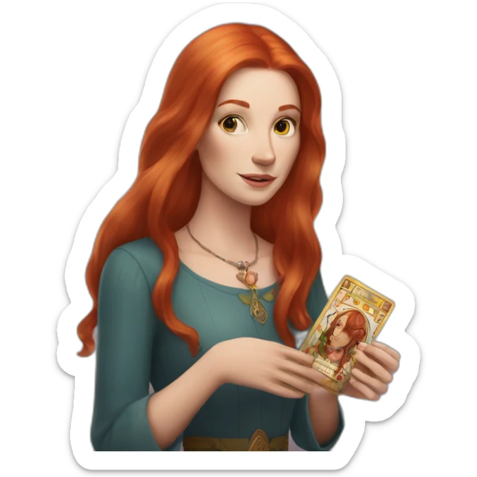redhead white woman medium long straight hair, holding a tarot card in her hand sticker
