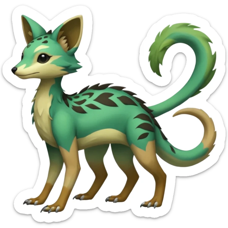  Greenish beautiful handsome gorgeous aesthetic colorful vibrant Vernid-Trico-species-Fakemon-creature by LiLaiRa, 4 legs, 1 tail, random markings, (full body) sticker