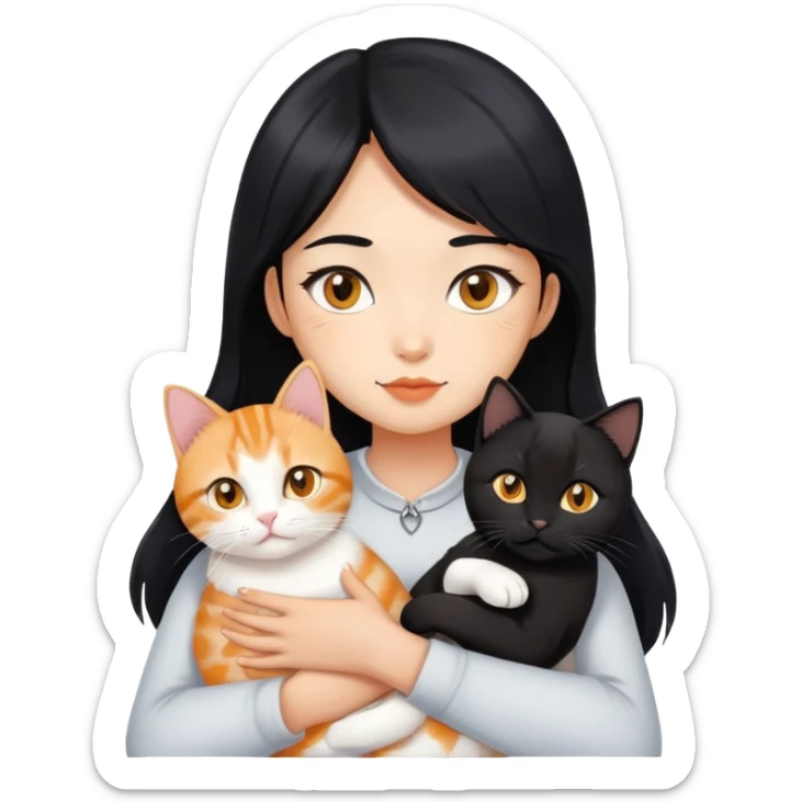 Generate an Asian girl with a black hair holding two cats. First cat is black cat with golden eyes only front chest 4 pounds has white color. Other cat is orange tabby cat with golden eyes only front chest 4 pounds has white color.  sticker