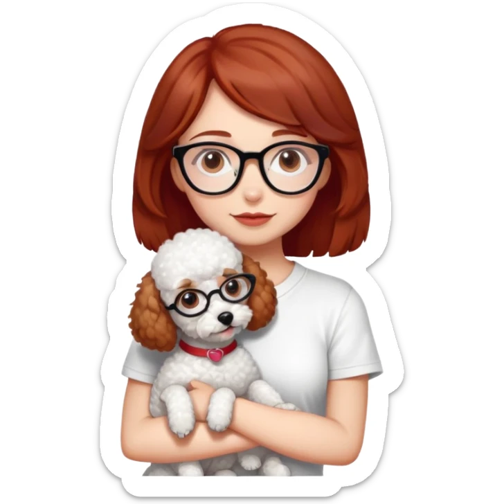 Girl with medium-short dark brown-red hair with glasses, white t-shirt, brown eyes, hugging a white toy poodle sticker