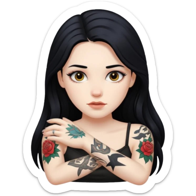 realistic BEAUTIFUL Pale girl with long black hair arm tattoos sticker