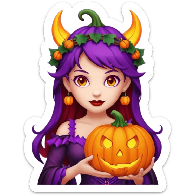 female-succubus-emoji,-red-skin,-purple-eyes,-elegant-face,-pumpkin-wreath-on-head,-with,-holding-small-glowing-pumpkin-lantern,-halloween-fantasy sticker