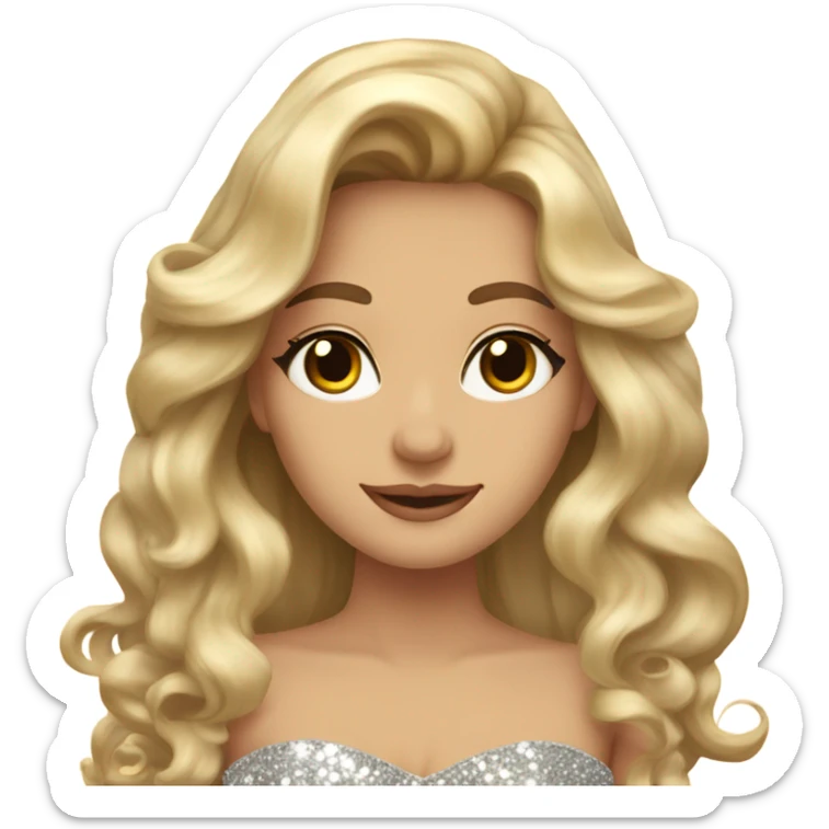 Gorgeous blonde woman, brown eyes, long wavy hair with bows, wearing a sparkly gown sticker