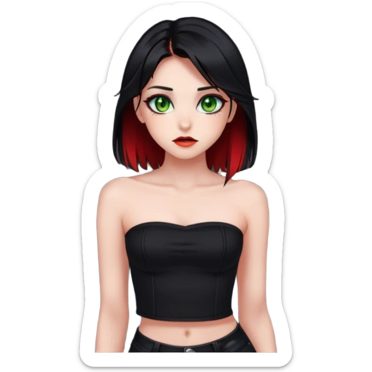 Girl. Green hazel eyes. Black hair with red e-girl highlights and red perk-a-boo underlights. Medium long hair. black strapless crop top. Skinny face. sticker