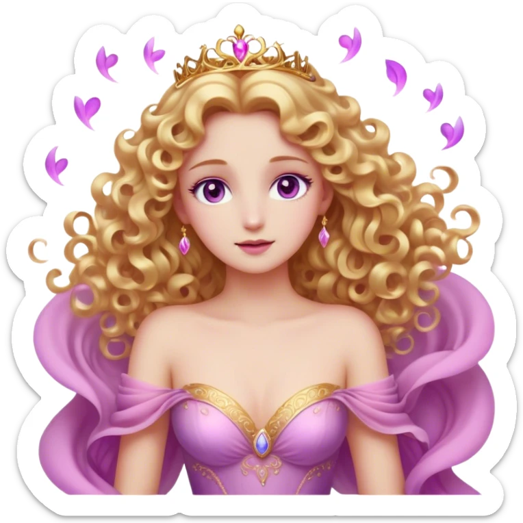 Cinematic Stunning Aurora Portrait Emoji, Ethereal in her flowing pink gown, golden curls shimmering, soft violet eyes filled with serenity, an enchanting glow surrounding her, capturing the beauty of a princess lost in a dream! sticker