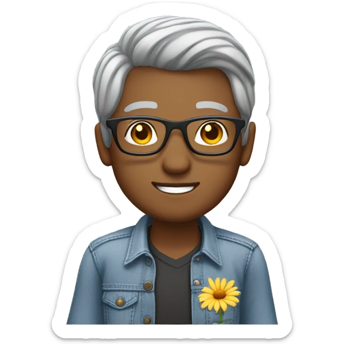 Teacher sitting at desk with a laptop shoulder length grey hair wearing glasses jeans and a flower shirt sticker