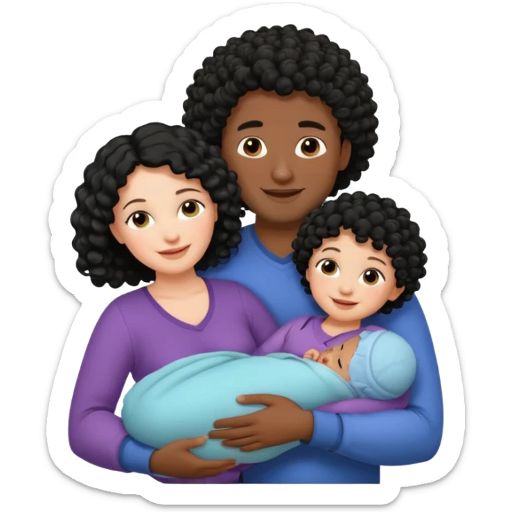 family: white woman curly black hair, black man with short black frizz hair, one 2 y o daughter mixed skin color , and a newborn in the and of the mother sticker