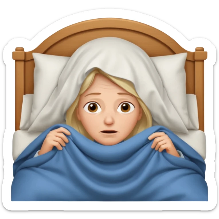 A 55-year-old woman lying in bed, unable to sleep. She looks exhausted and desperate, with visible dark circles under her eyes, tired facial expression. She is under the blankets, staring at the ceiling.  sticker