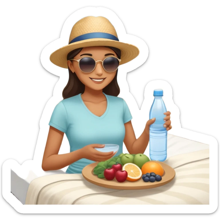 A person in the sun, with a plate of whole foods, water bottle, and glowing bed behind them. Nearby, smiling friends gather—symbolizing balance, healing, and connection through simple daily rituals. sticker