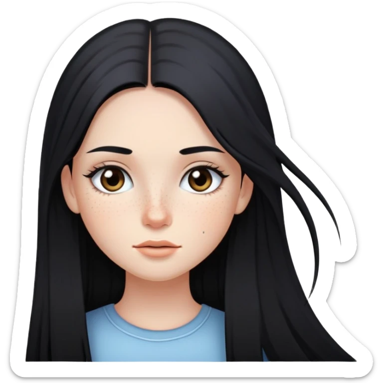 girl with long straight black hair, light makeup, and freckles sticker
