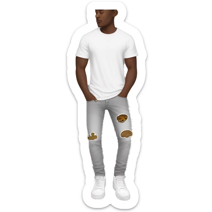 man fullbody, white t-shirt, white air force one low shoes, amiri grey jean front view sticker