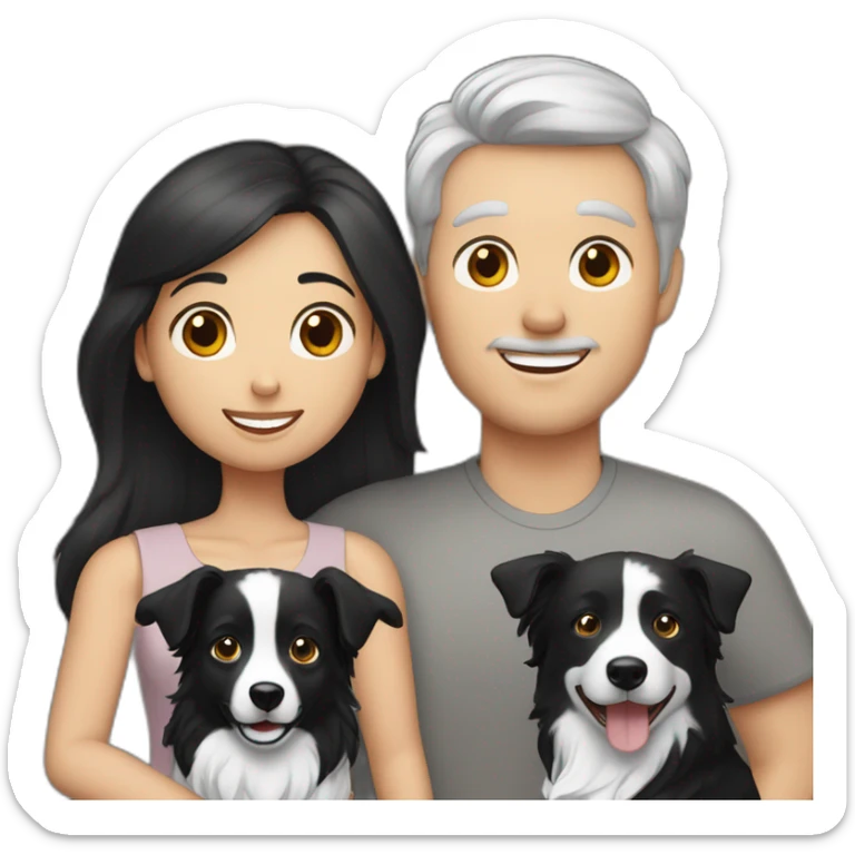 Family formed by a White man and a White woman with long black hair and a small black border collie dog sticker