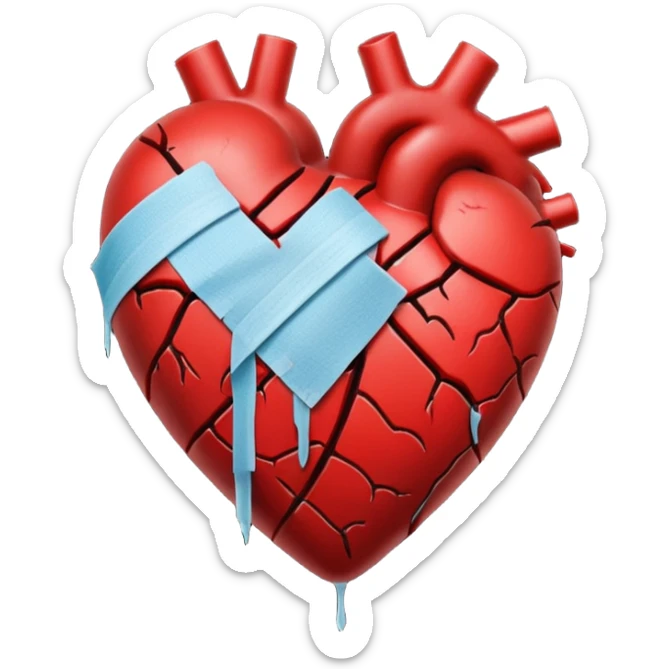 Un corazón roto con grietas  sangrando y expulsando sangre rodeado de vendas y tiritas que se despegan sin hacer efecto SIN CARA sticker
